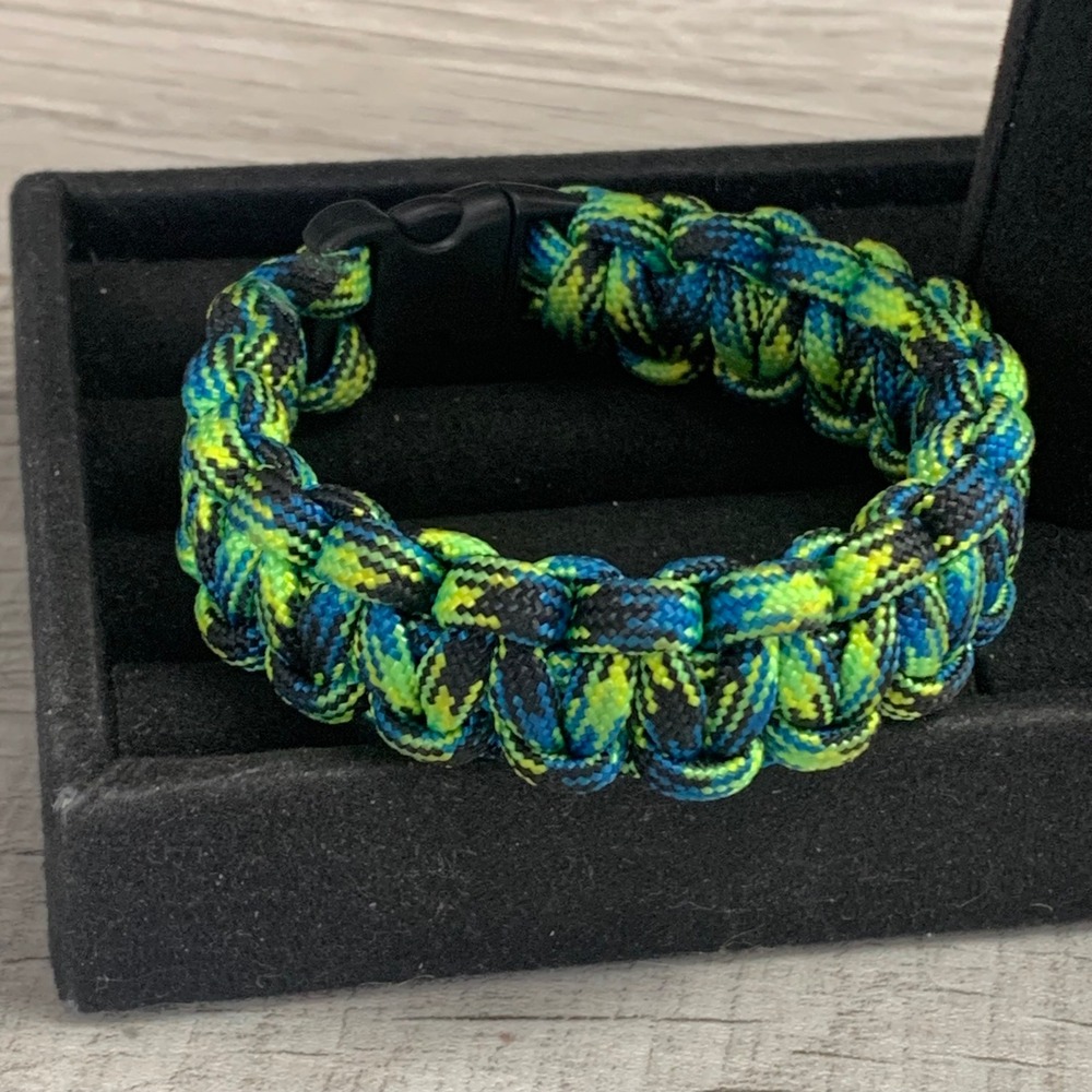 Handmade Paracord Survival Bracelet Cobra Weave Neon Green Blue Black 5.5 Inch